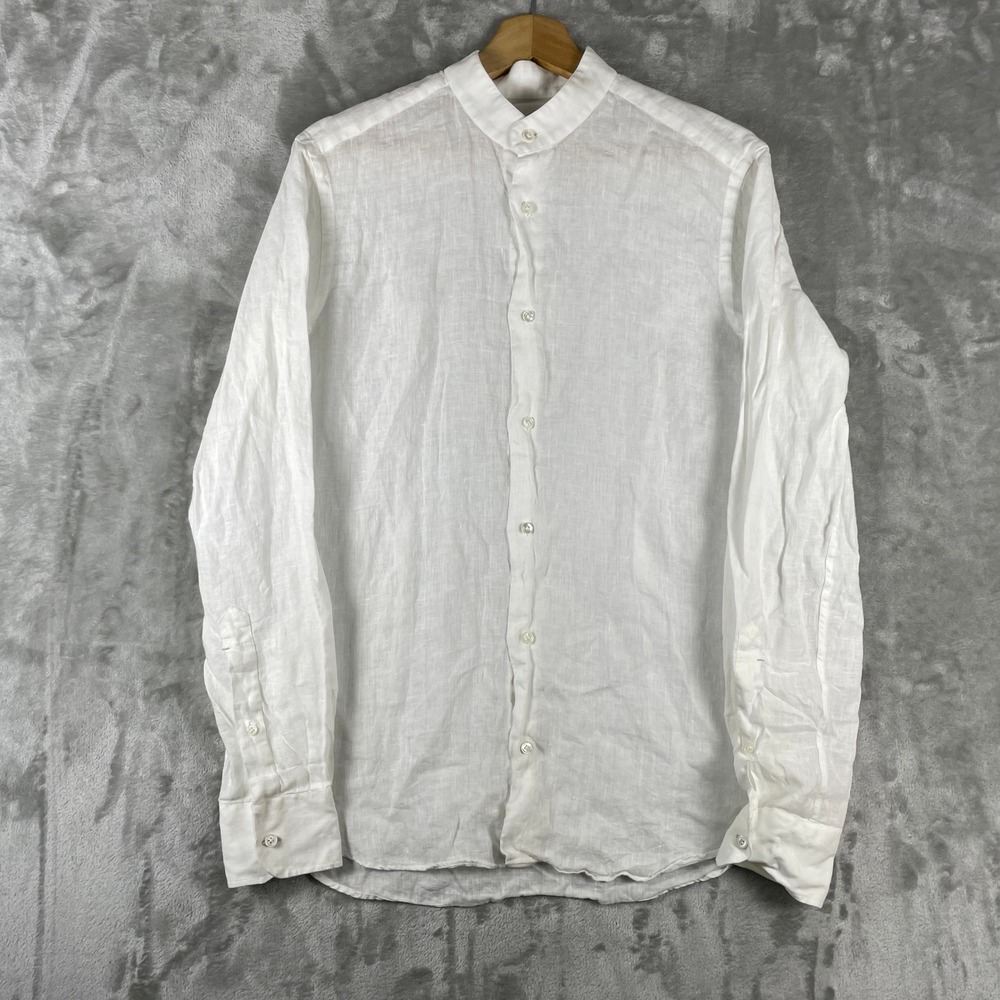 Luca Faloni Button Up Shirt Mens 15.5 White Linen Band Collar Long Sleeve